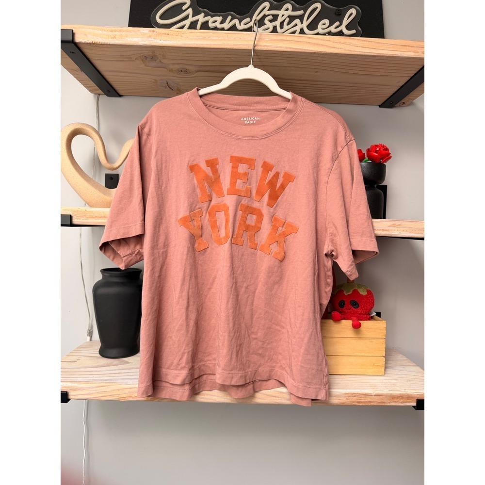 American Eagle Womens New York Graphic T-Shirt Pink Orange Large Short Sleeve